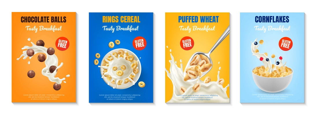 Breakfast cereal realistic poster set with balls and rings isolated vector illustration