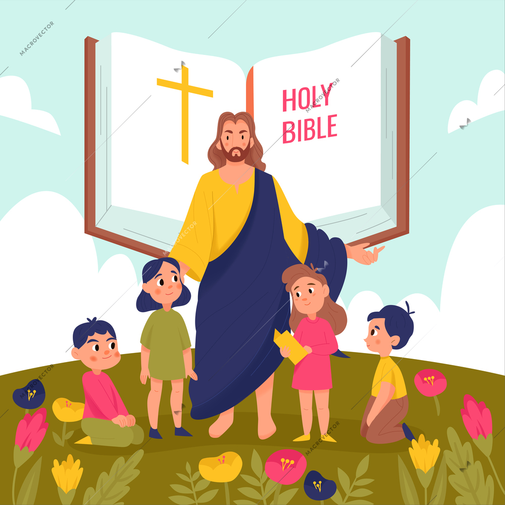 Jesus Christ and kids background with Holy Bible symbols flat vector illustration