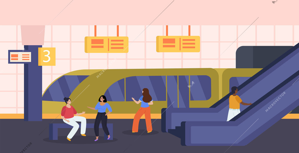 Public transport flat composition with people talking and going up escalator at subway station vector illustration