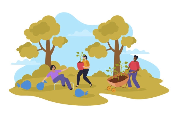 Woman stumbling and falling on her back during gardening works flat vector illustration