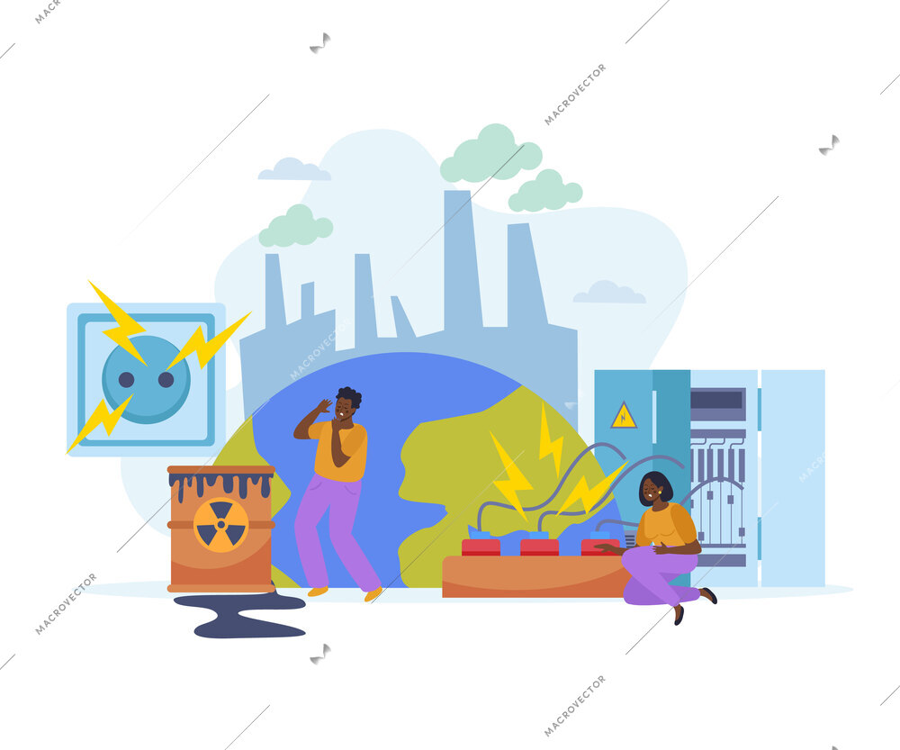 Workplace safety hazards flat composition with socket breaker box barrel of radioactive waste and two human characters vector illustration