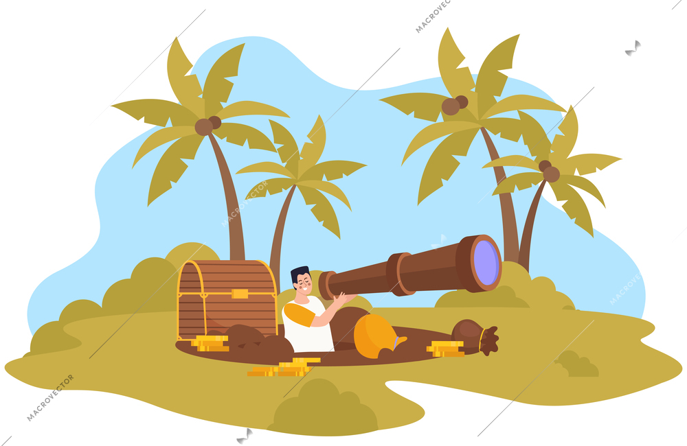 Flat treasure hunt composition with adventurer looking through spyglass near excavated chest with gold vector illustration