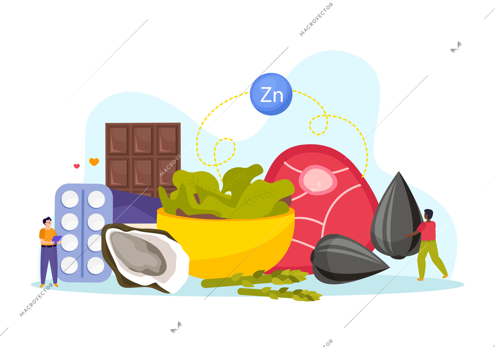 Healthy rich in zinc food flat composition with chocolate sunflower seeds asparagus oyster vitamins and little people vector illustration