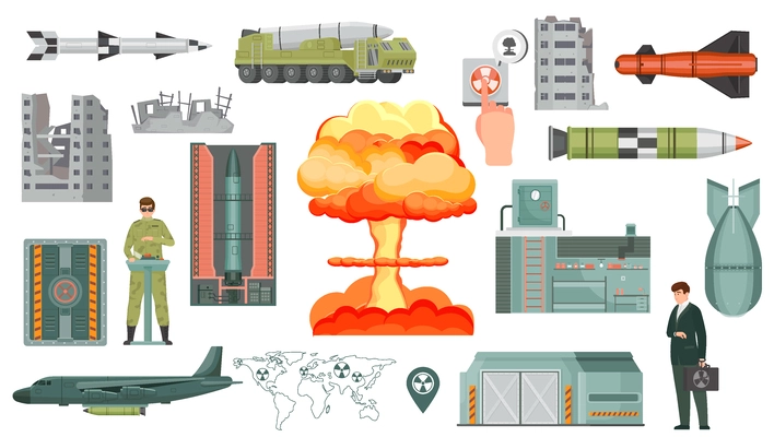 Nuclear weapon flat set with missiles atomic bomb explosion military equipment destroyed buildings isolated vector illustration