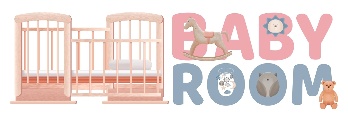 Baby room text with realistic crib and cute toys on white background vector illustration
