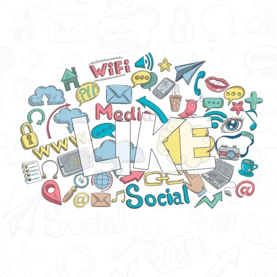 Social media concept with doodle decorative icons and like lettering vector illustration