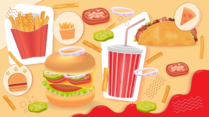 Fast food collage with realistic burger pita chips plastic cup and vegetables slices on color background vector illustration