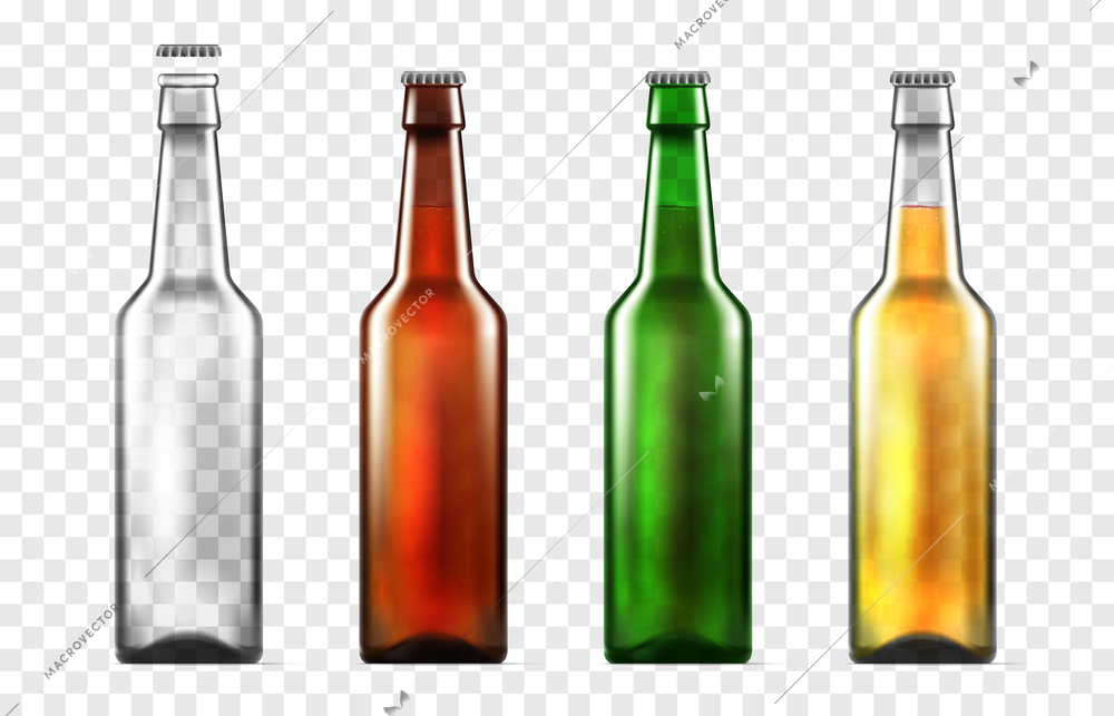 Realistic beer mockup bottles icon set four beer bottles with clear brown green glass and clear with filled beer vector illustration