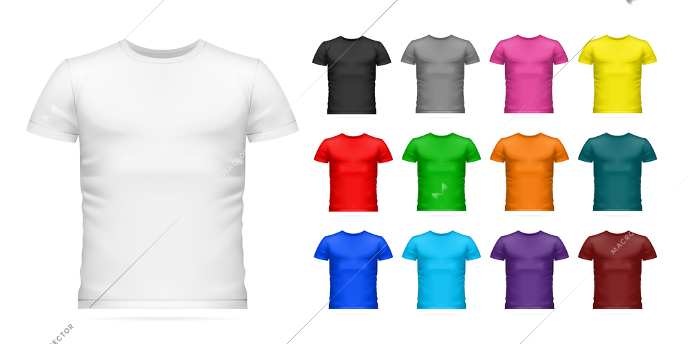 Realistic t shirt mockup color icon set white black pink gray yellow red green orange dark green blue light blue purple and brown colors vector illustration