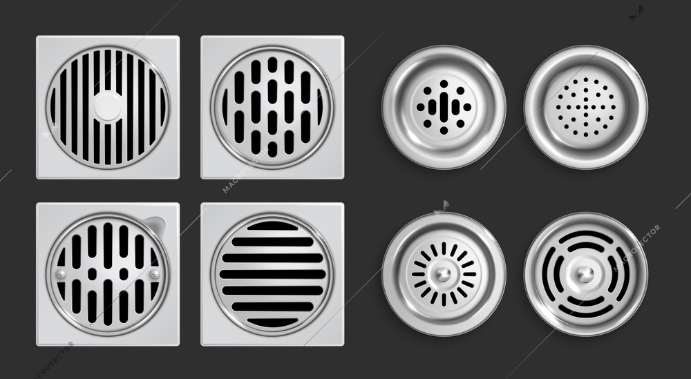 Realistic drainage grates icon set square and round drains with different hole sizes vector illustration