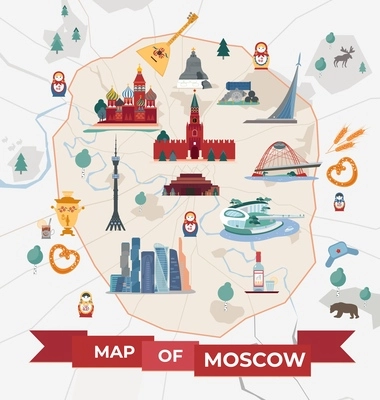 Moscow map composition with flat images of famous city sights on plain map with text ribbon vector illustration
