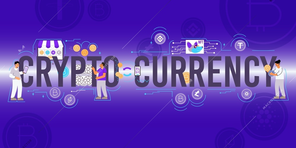 Cryptocurrency transactions flat text composition with token pictograms doodle human characters with gadgets on gradient background vector illustration