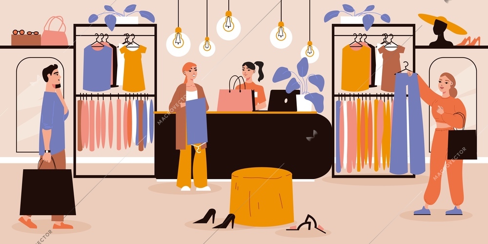 Fashionable boutique store with trendy clothes flat vector illustration