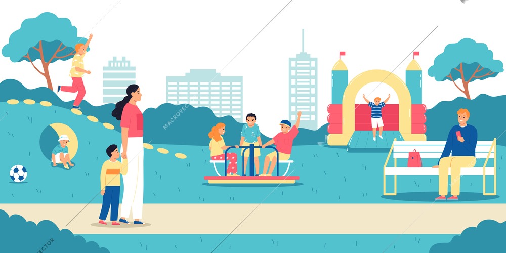 Children parents playground composition parents walk with children on the paths in the park next to them playground with entertainment vector illustration