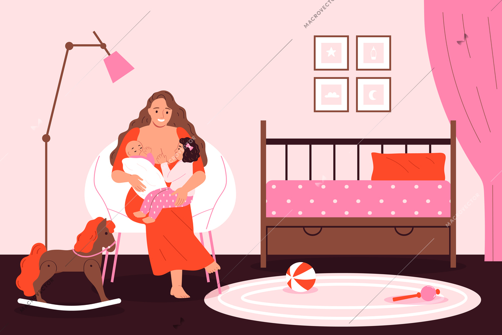 Breastfeeding tandem composition woman breastfeeds her two children at the same time sitting in the nursery on a comfortable easy chair vector illustration