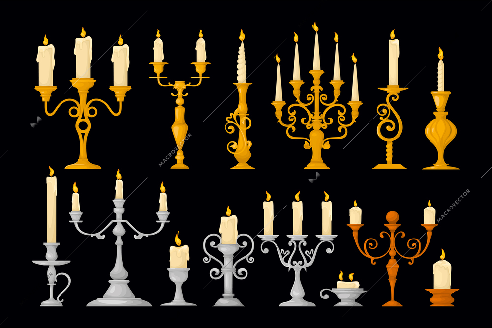 Retro candle holders on blank background set with isolated golden and silver stands with burning candles vector illustration