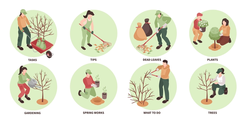 Gardening isometric set of round compositions with men and women performing different spring works 3d isolated vector illustration