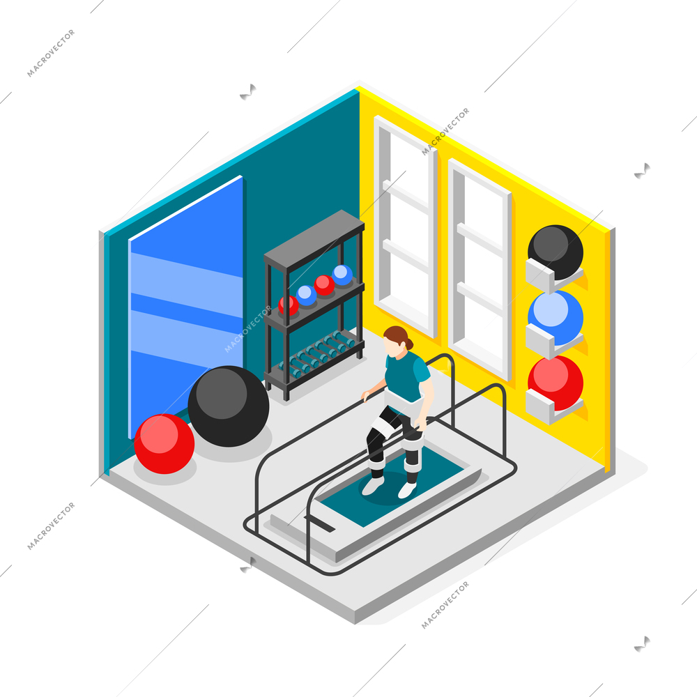 Physiotherapy and rehabilitation isometric composition with fitness symbols vector illustration