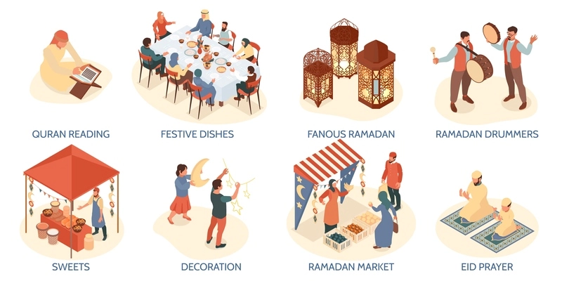 Ramadan isometric compositions set of glowing lanterns quran reading eid prayer ramadan drummers festive treat isolated vector illustration