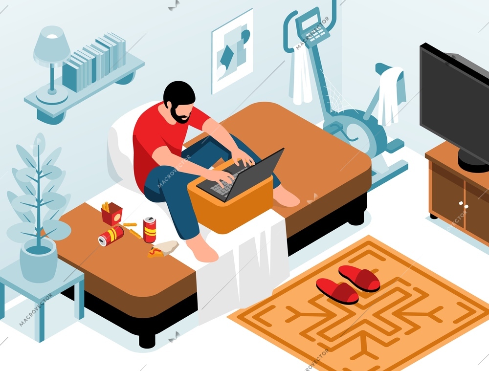 Isometric sedentary lifestyle composition with living room scenery and male freelancer sitting on bed with laptop vector illustration