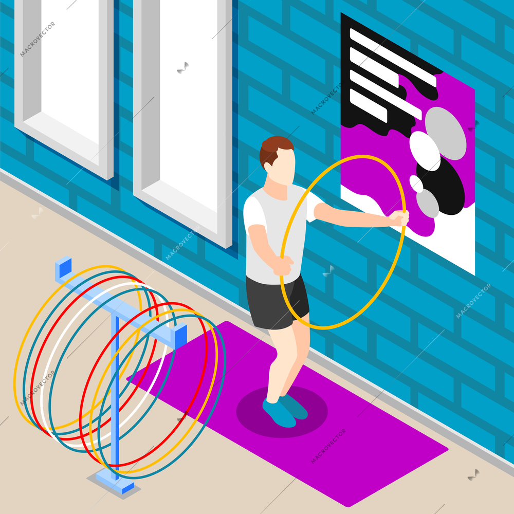 Fitness in gym isometric background with man exercising with hula hoop 3d vector illustration