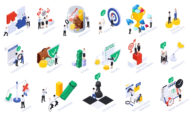 Business ethics isometric set with isolated conceptual icons and human characters of coworkers with text captions vector illustration