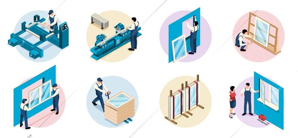 Plastic windows production and installation isometric compositions set with workers and factory equipment isolated 3d vector illustration