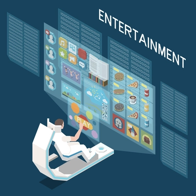 Metaverse entertainment concept with man playing game communicating delivering food in virtual reality 3d isometric vector illustration