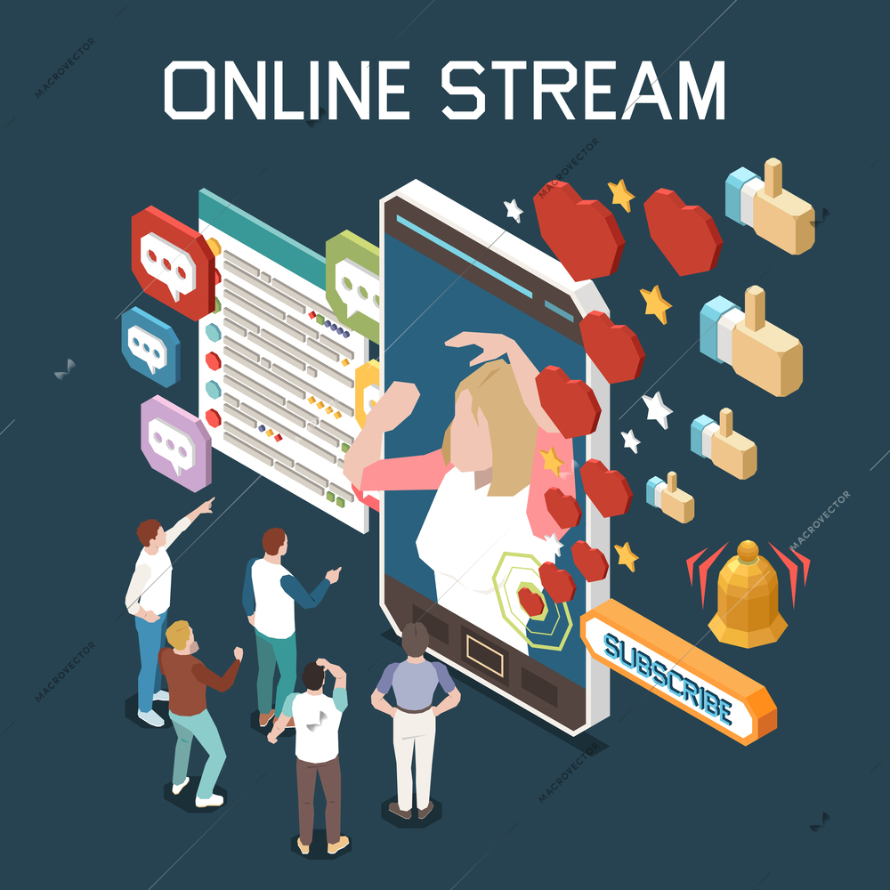 Isometric concept of social media influencer with female blogger streaming online and group of subscribers 3d vector illustration