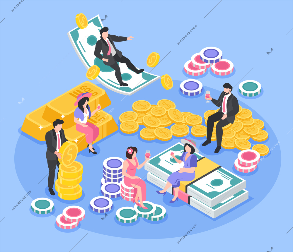 Rich people isometric composition with men and women sitting on money vector illustration