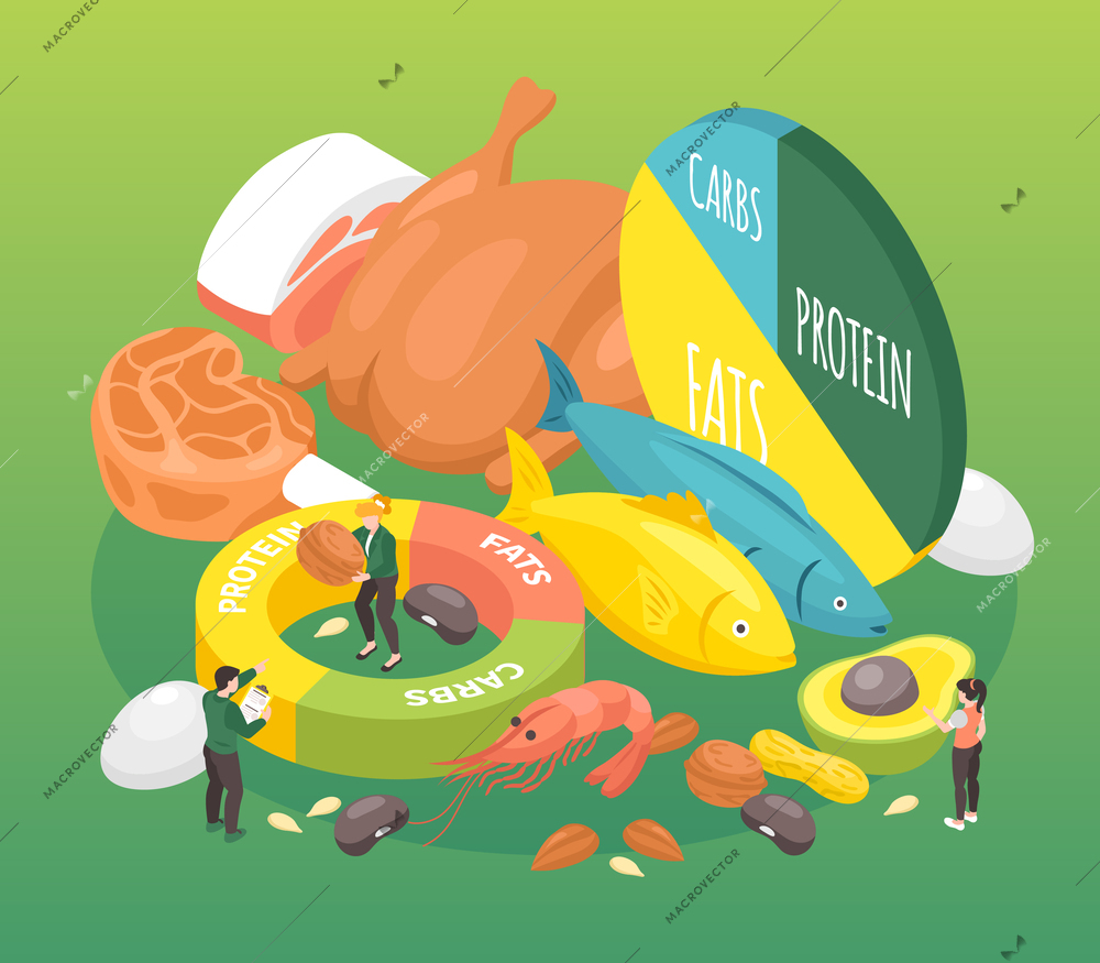 Isometric keto diet with carb protein and fats balance vector illustration