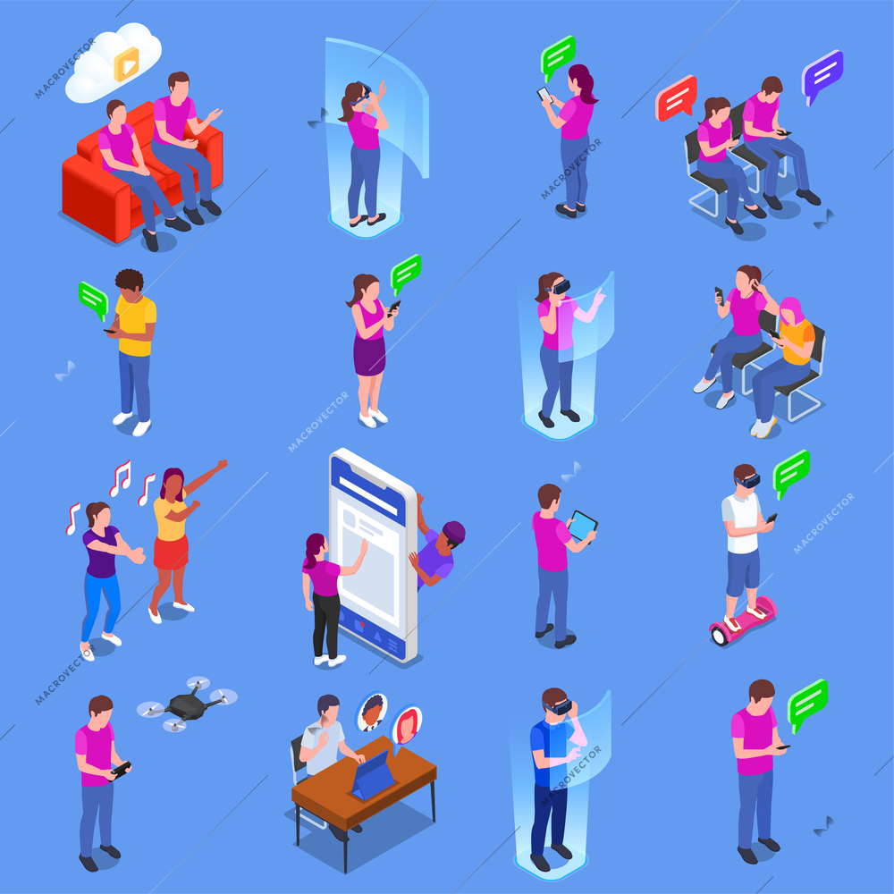 Generation Z isometric icons set with young people using different modern devices and vr gadgets isolated vector illustration