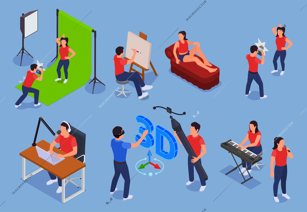 Art and creative professions isometric icons set with 3d artists singers and photographers isolated vector illustration