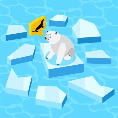 Climate change isometric background with polar bear sitting on melting ice plate vector illustration