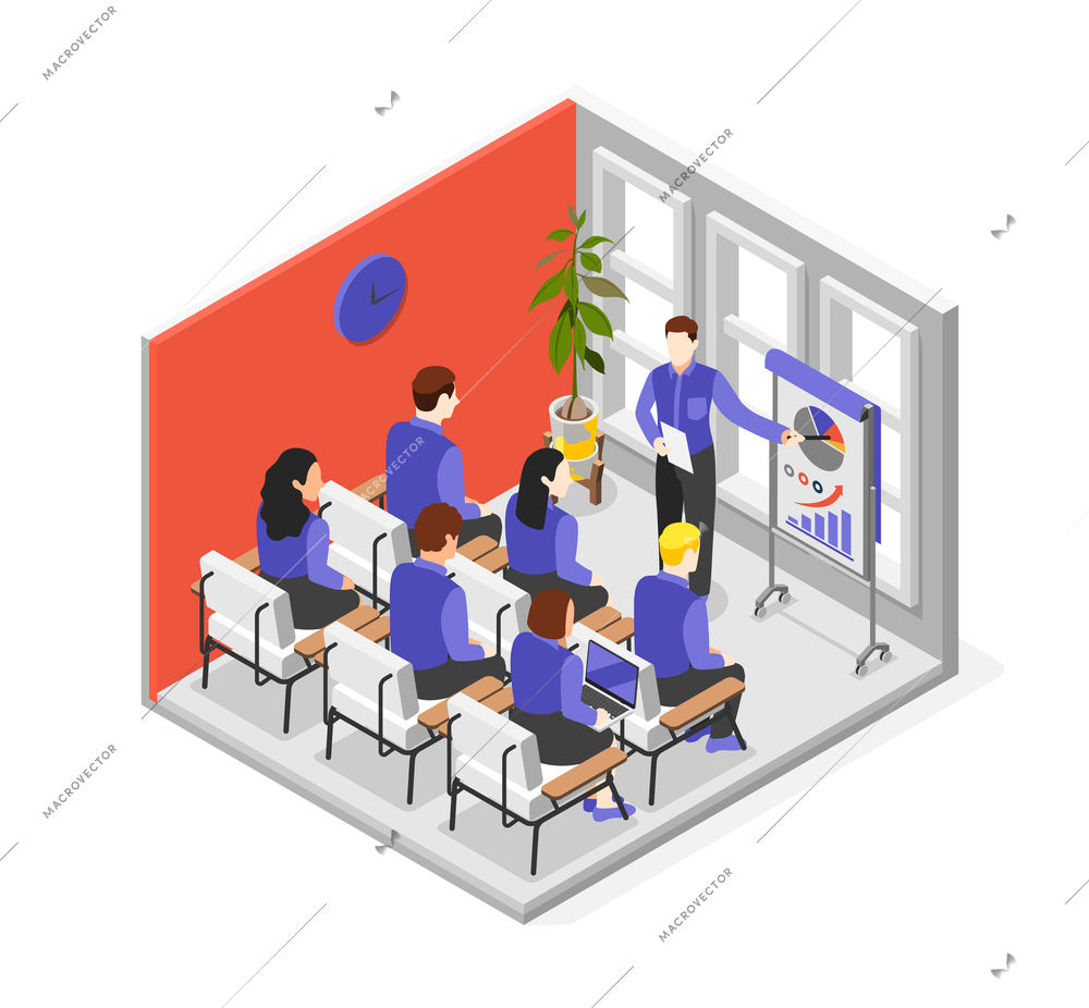 Business training isometric composition with speaker in front of the audience vector illustration