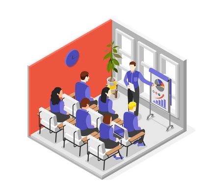 Business training isometric composition with speaker in front of the audience vector illustration