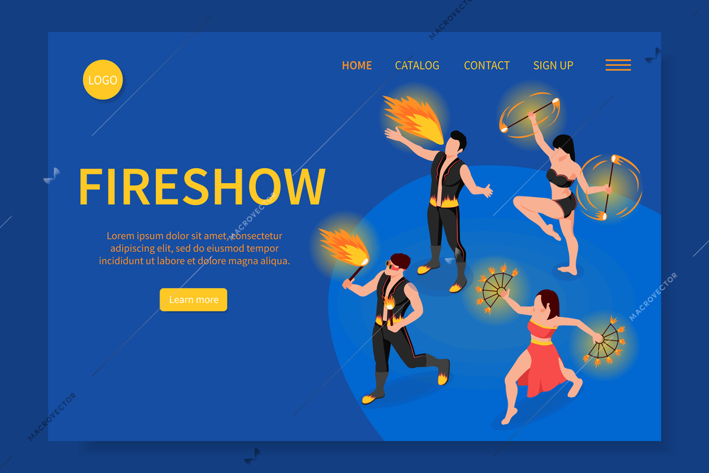 Fireshow people isometric web site with fire dance symbols vector illustration