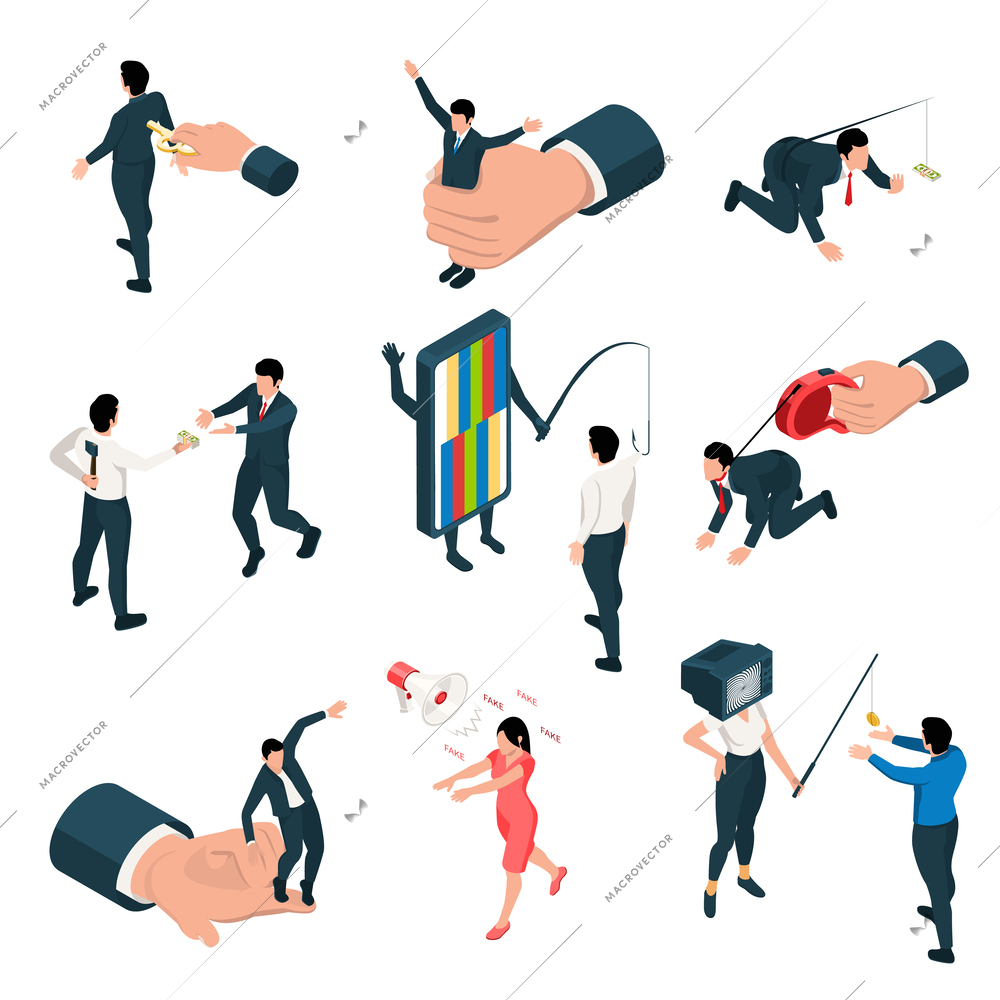 Psychological manipulanion  set with fake news and pressure symbols isometric isolated vector illustration