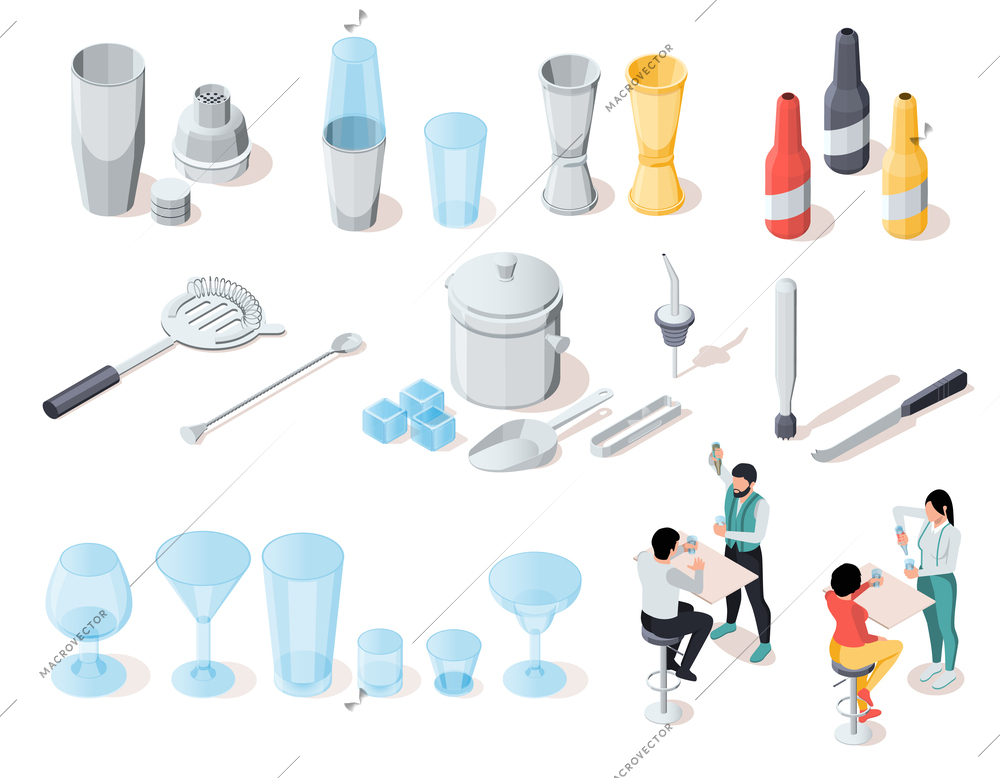 Bartender and barman isometric icons set with bar knife and glass symbols isolated vector illustration