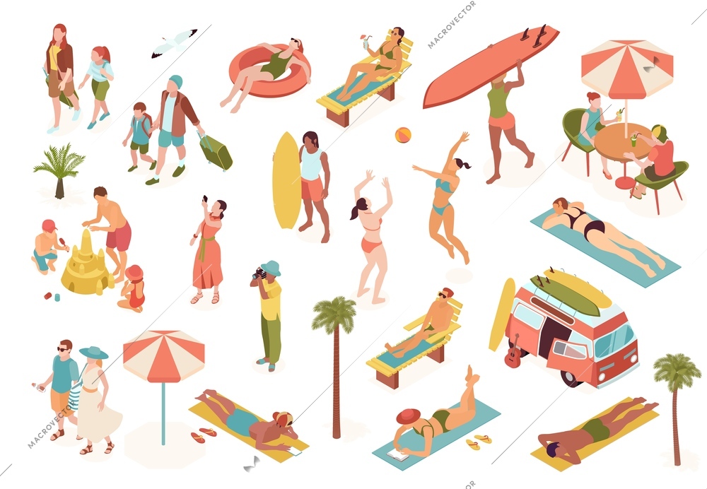 Summer vacation set with walking and sunbathing symbols isometric isolated vector illustration