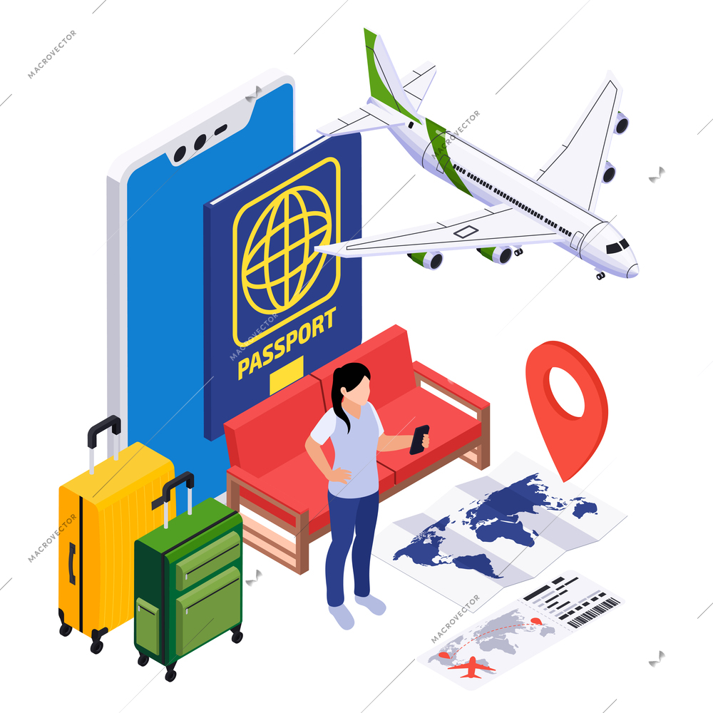 International tourism isometric composition with female human character surrounded by suitcases passport flight tickets and airplane vector illustration