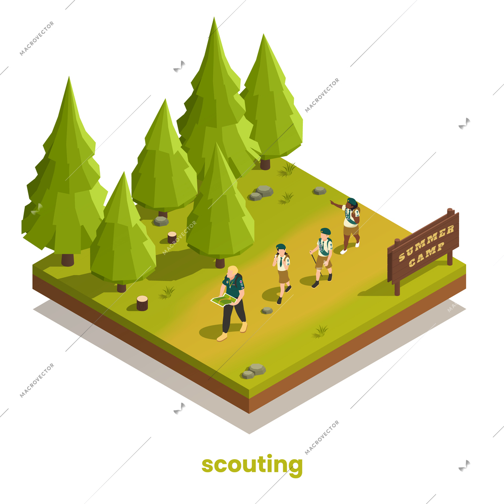 Summer camp scouting isometric composition with group of children hiking in forest following instructor with map 3d vector illustration