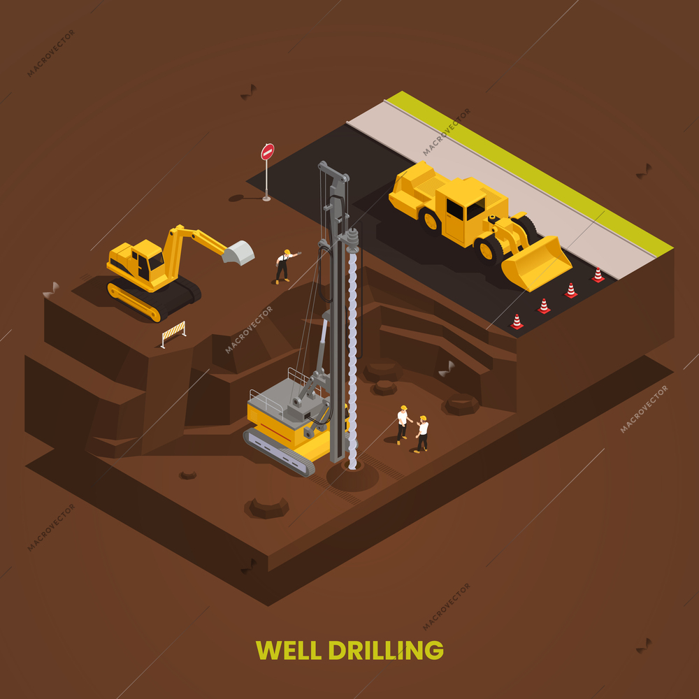 Well drilling in foundation pit with drill rig and excavator isometric composition on brown background 3d vector illustration