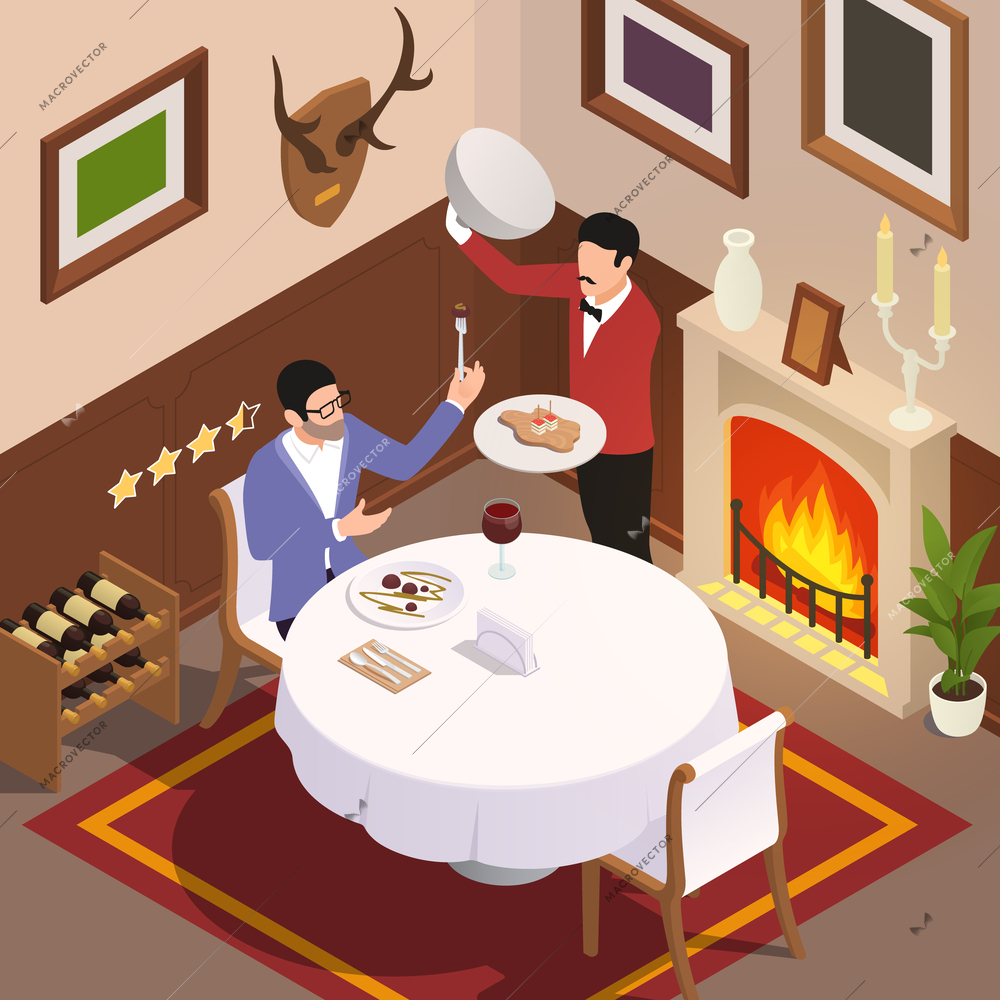 Modern food industry profession isometric composition with food critic tasting dish at fancy restaurant and waiter holding cloche 3d vector illustration