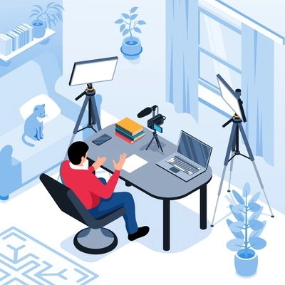 Isometric video blogger journalist making content at workplace vector illustration