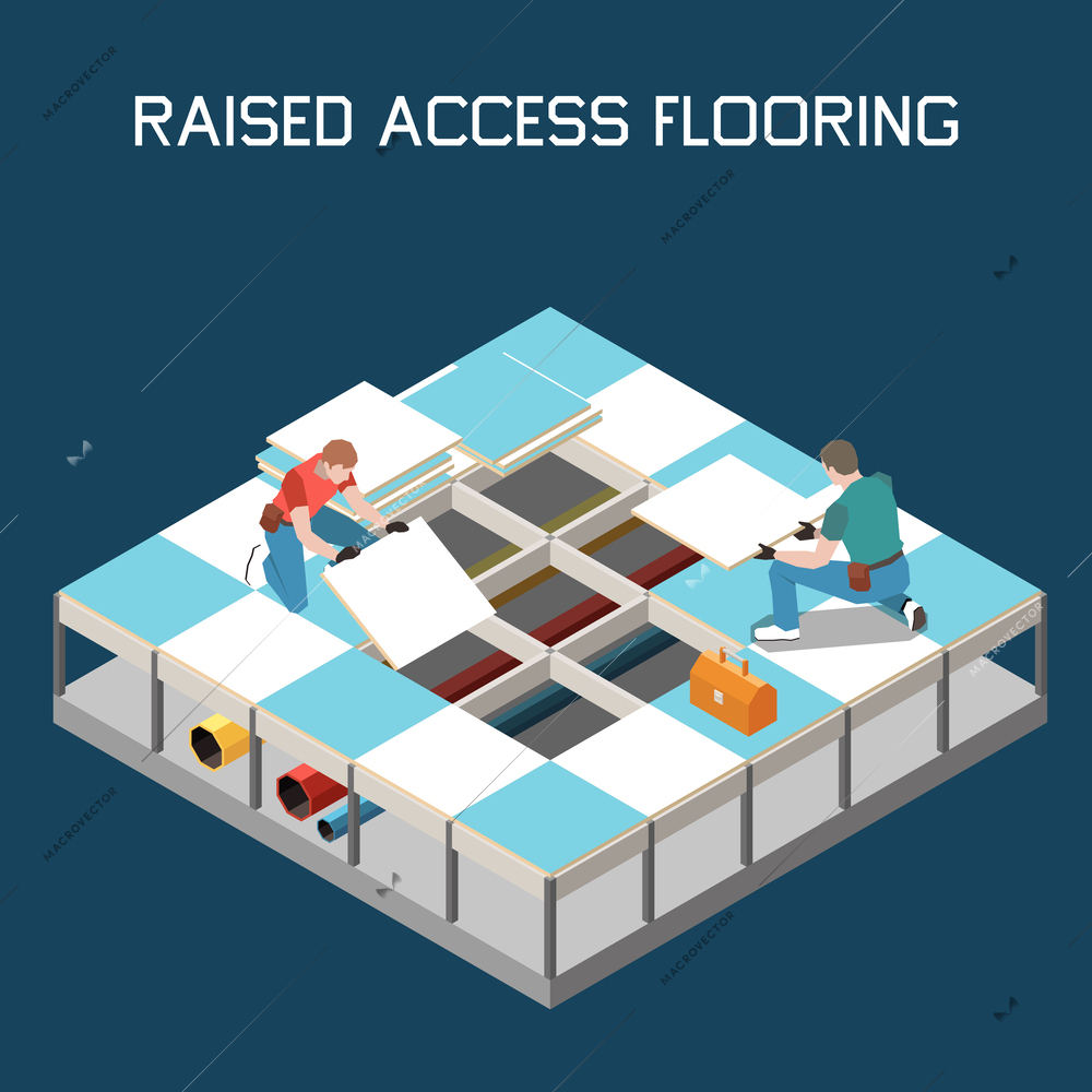 Raised access flooring isometric  background with workers installing  modules above hidden cables and pipes vector illustration
