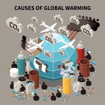 Causes of global warming isometric background  illustrated climate change as effect from human activity vector illustration