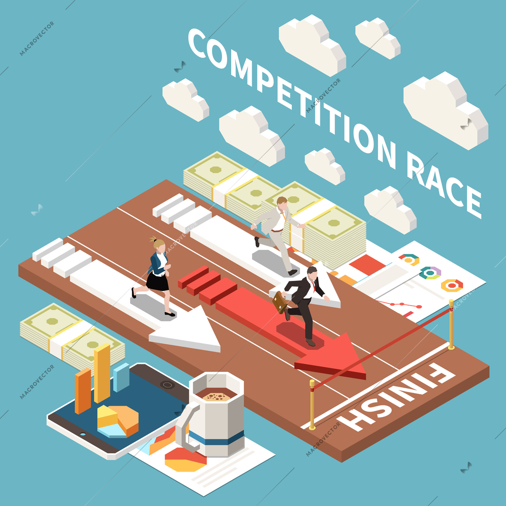 Competition race business background with three people running along adjacent tracks to finish line isometric vector illustration