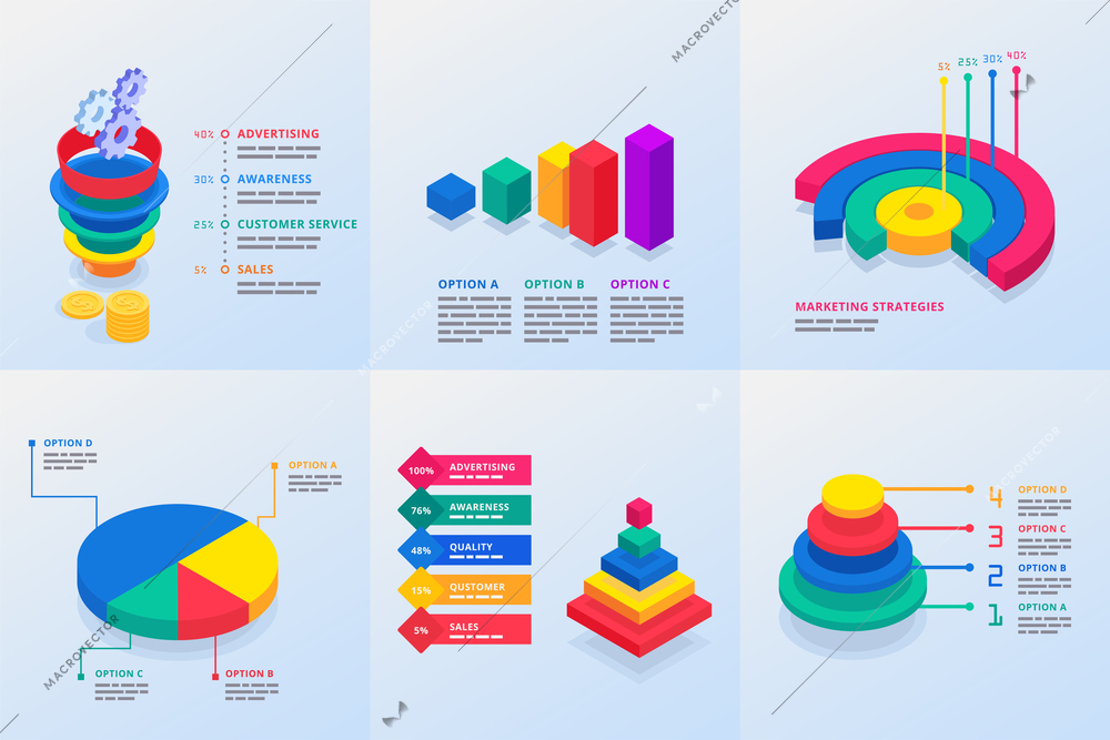 Six infographics templates for marketing presentation with funnel pyramid and circle multicolored diagrams isometric vector illustration