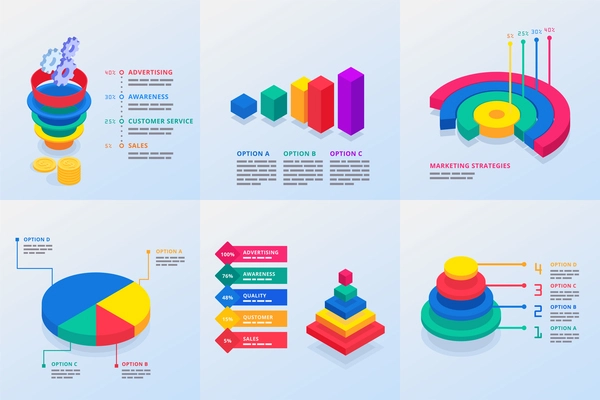 Six infographics templates for marketing presentation with funnel pyramid and circle multicolored diagrams isometric vector illustration